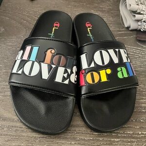 Champion Black Slides with Multicolor 'Love' Graphic